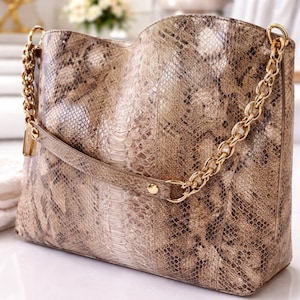Vintage Python Print Leather Bag, Beautiful & Elegant Neutral Colored Large Ivanka Handbag Purse with Golden Chained Hardware, Read Below
