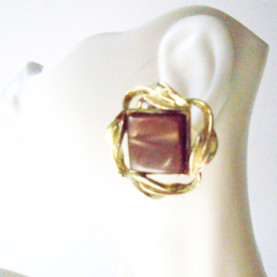 CORO Brown Moonstone Gold Clip Earrings, 1950's C… - image 1