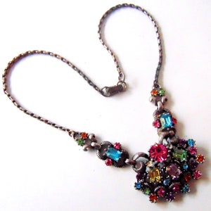 CORO Rhinestone Flowers Pendant Choker Necklace, Vintage Fruit Salad Pendant Necklace, 30s 40s Coro Pewter Floral Pendant Necklace