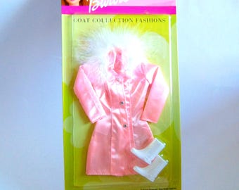 Barbie Coat Collection NRFB Doll Clothes, Barbie Pink Satin Coat White Fur Collar New in Box, Vintage Barbie Pink Coat