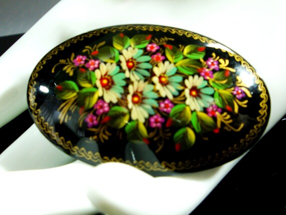 Vintage Black Floral Russian Brooch, 80's Handpai… - image 5