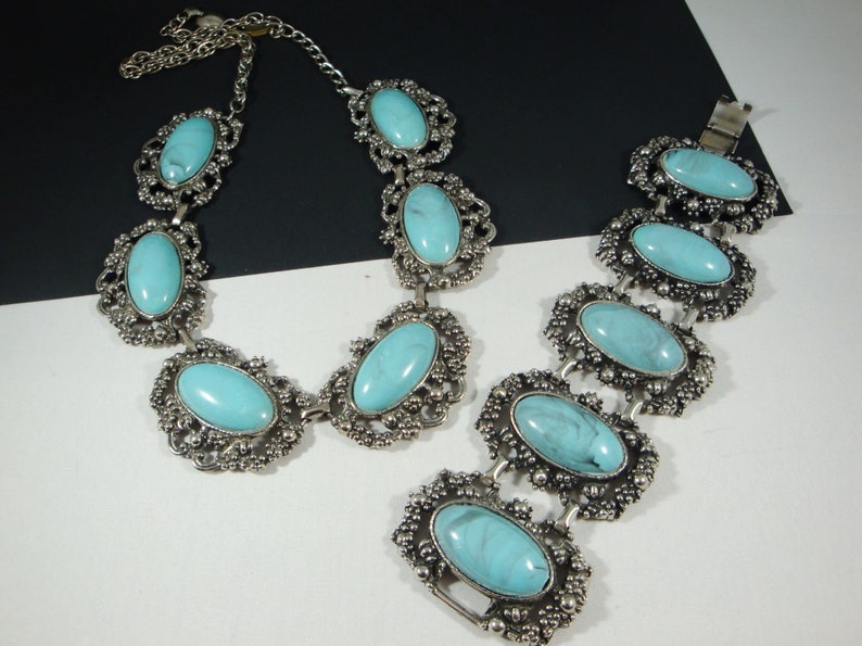 Chunky Blue Panel Bracelet and Necklace Set Selini Style Silver Panel Bracelet and Necklace Blue Lucite Panel Necklace and Bracelet Set