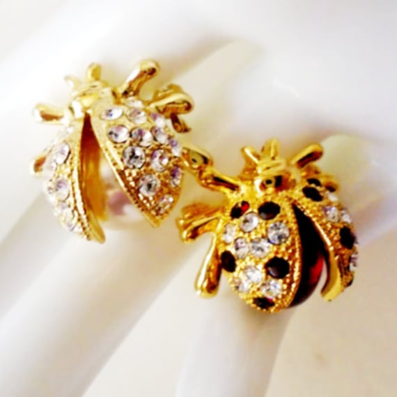 Vintage Lady Bug Gold Pins, Vintage Rhinestone Lad