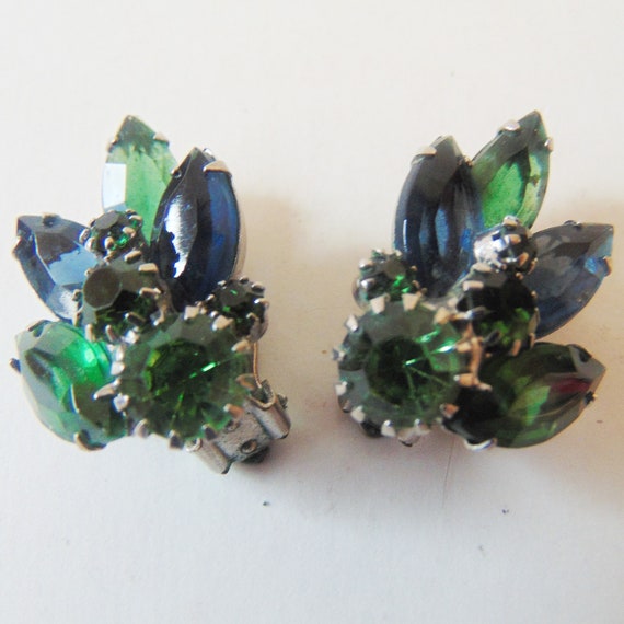 WEISS Green + Blue Rhinestone Clip Earrings, Open… - image 3