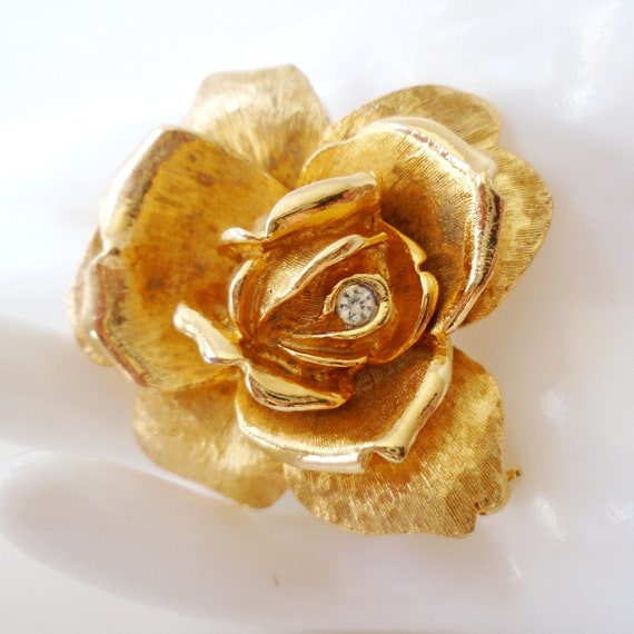Gold Rose Rhinestone Sculpted Brooch, Vintage Gold
