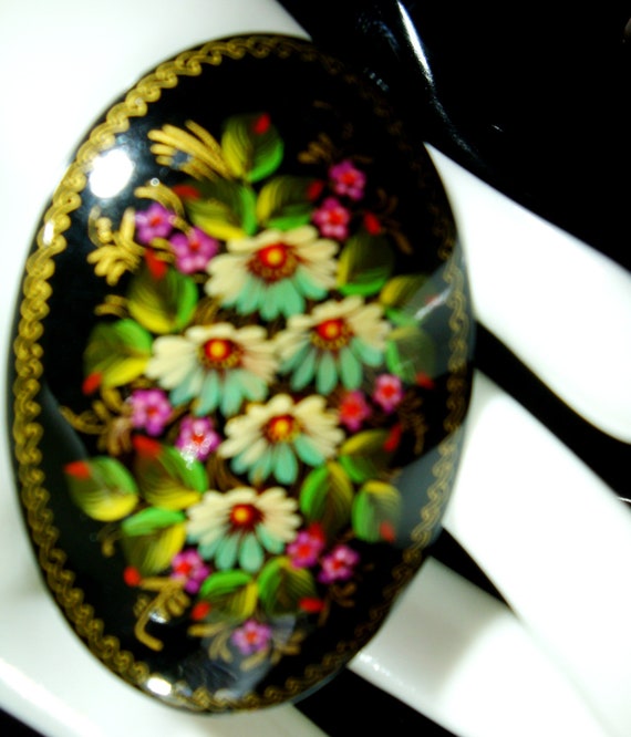 Vintage Black Floral Russian Brooch, 80's Handpai… - image 3