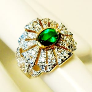 Faux Emerald Gold Plate CZ Ring Size 5 1/4, Vintage Green CZ Emerald Cocktail Ring, Fancy Emerald + Clear CZ Gold Plate Statement Ring