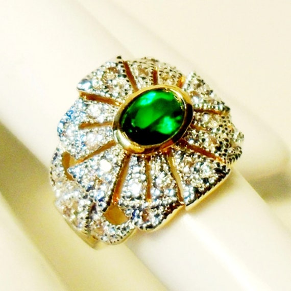 Faux Emerald Gold Plate CZ Ring Size 5 1/4, Vinta… - image 1