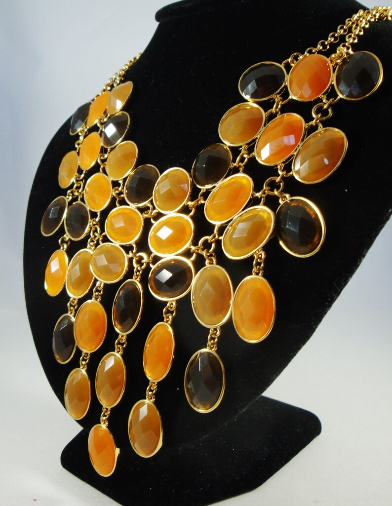 Vintage Orange Amber Brown Bib Necklace Glass Jewel Bib Necklace Jeweled Statement Bib Necklace Joan Rivers Glass Jewel Bib Necklace