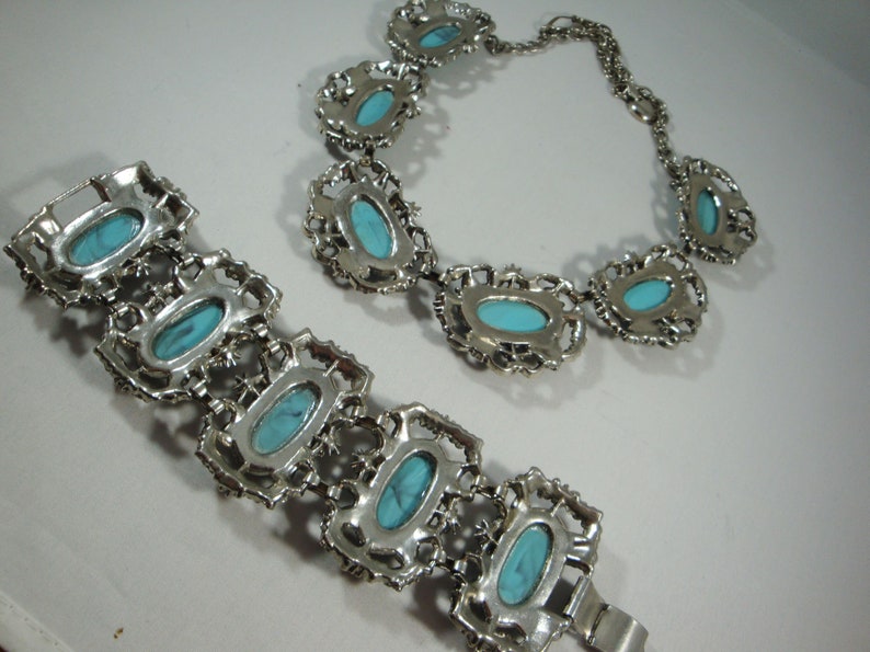 Chunky Blue Panel Bracelet and Necklace Set Selini Style Silver Panel Bracelet and Necklace Blue Lucite Panel Necklace and Bracelet Set