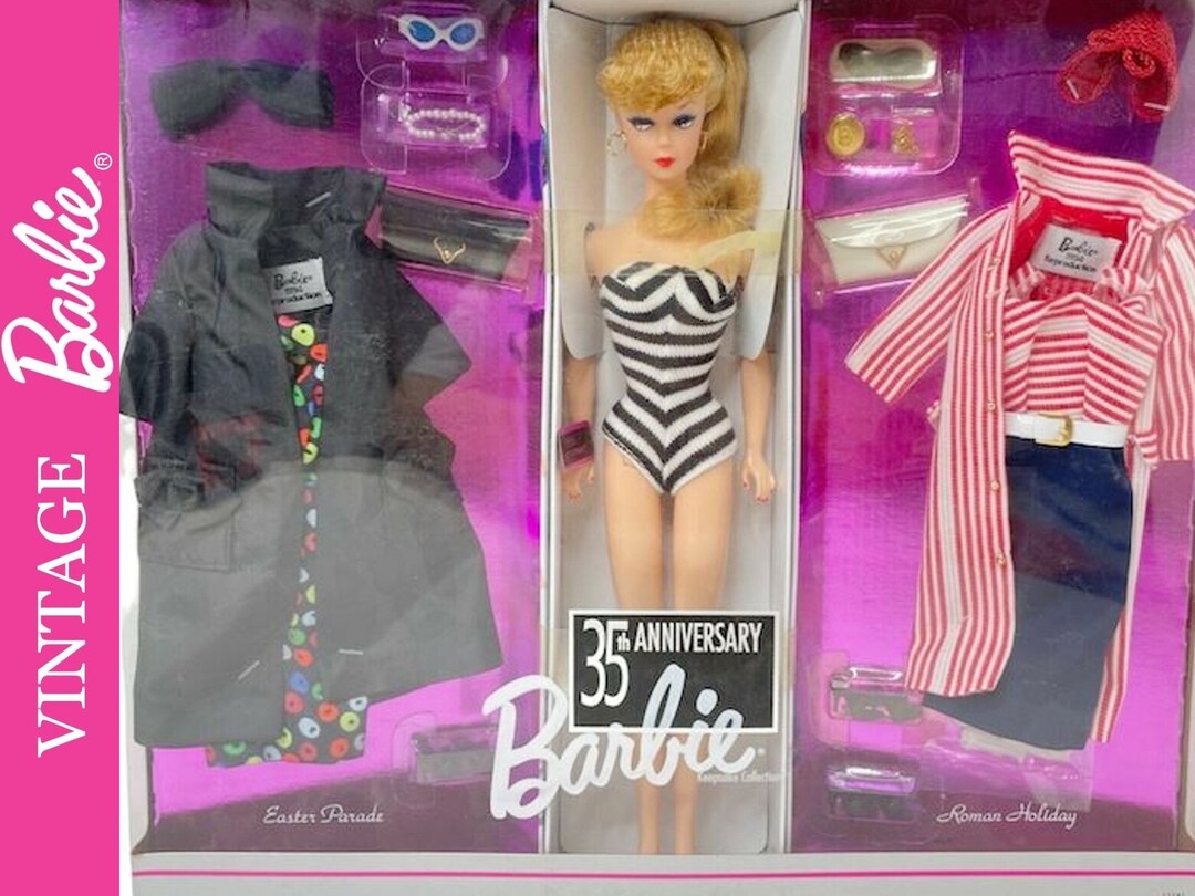 1959 Barbie Reproduction 35th Anniversary NRFB Blond 35th Anniversary Barbie Easter Parade and Roman Holiday Mattel 1959 Barbie Doll Set Etsy