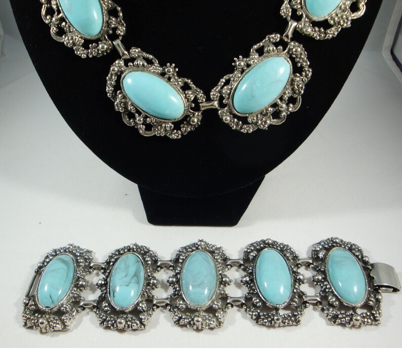 Chunky Blue Panel Bracelet and Necklace Set Selini Style Silver Panel Bracelet and Necklace Blue Lucite Panel Necklace and Bracelet Set