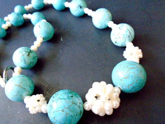 Vintage Turquoise Bead Pearl Necklace, Vintage Tu… - image 2