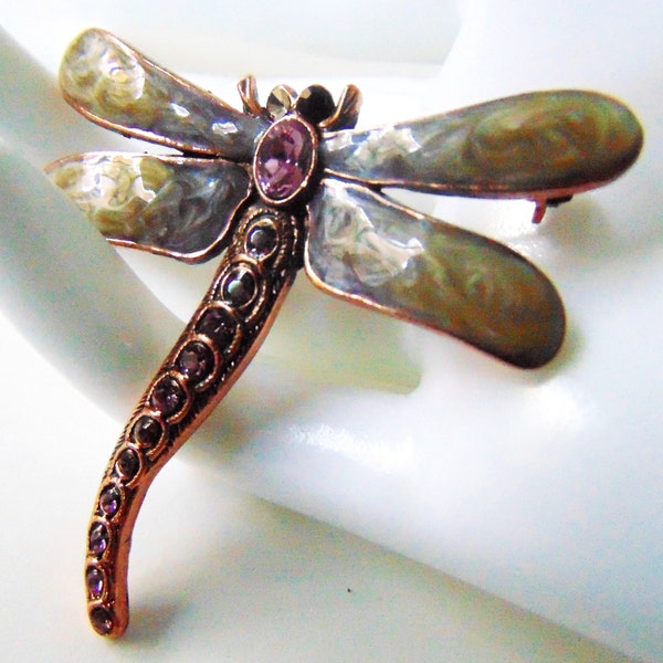 Purple Rhinestone Dragonfly Brooch, Vintage Rhinestone Enamel Dragonfly Brooch, Green and Purple Dragonfly Pin