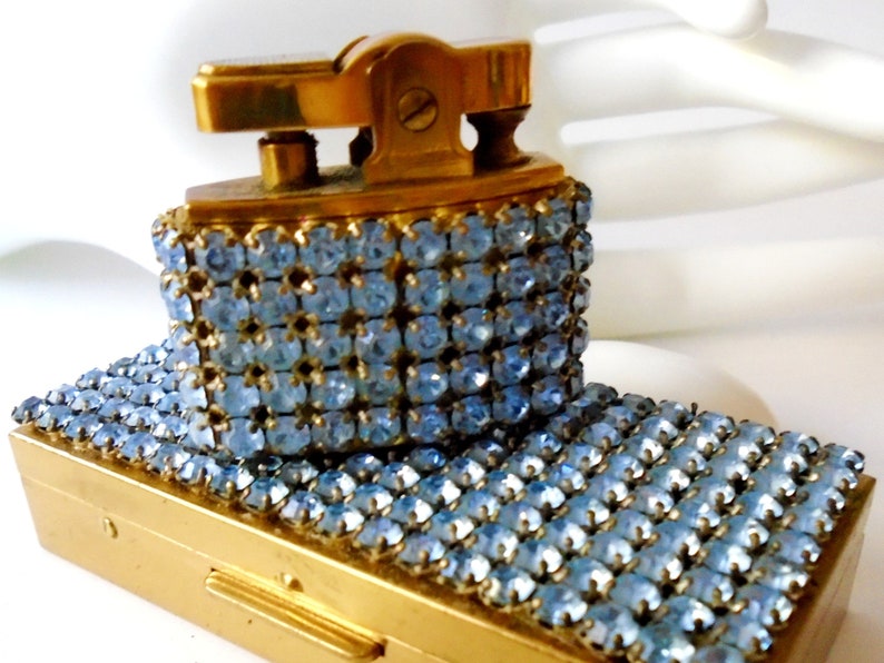 Blue Rhinestone Cigarette Case and Lighter Wiesner of Miami Etsy