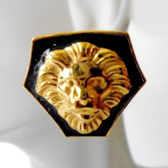 Black Enamel Gold Lion Head Earrings, Vintage Gold