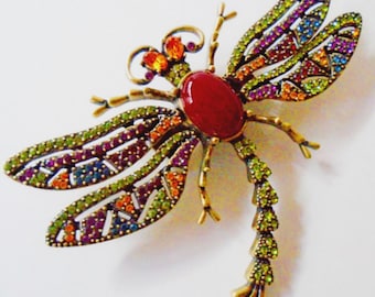 Heidi Daus Trembling Brilliance Crystal Dragonfly Pin, Large Trembling Dragonfly Brooch, Retired Heidi Daus Carnelian Dragonfly