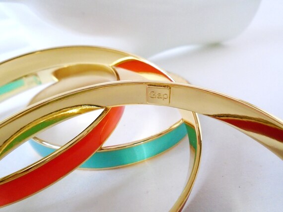 Vintage Enamel Bangle Bracelet and Clip Earring Set Kelly Green Turquoise White