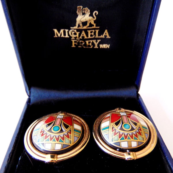 MICHAELA FREY 24K Gold Plate Clip Earrings, Enamel 24K Gold Austrian Earrings Original Box, 1970's Michaela Frey Wien Enamel Clip Earrings