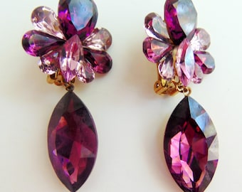 Faceted Purple Rhinestone Dangle Clip Earrings, Big Resin Jewel Purple Dangle Earrings, Big Vintage Resin Dangle Earrings