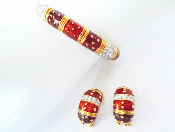Joan Rivers Red Bracelet and Earrings, Red Enamel