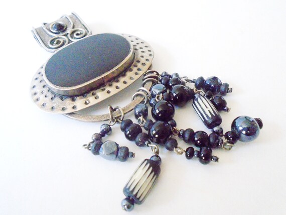 Vintage Black Enamel + Bead CHICO's Silver Pendan… - image 1