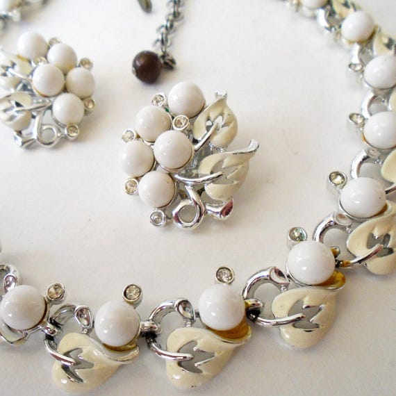 White Enamel Rhinestone Choker Set, Vintage Enamel Necklace and Clip Earrings, White Enamel and Rhinestone Silver Tone Choker and Clip Ons