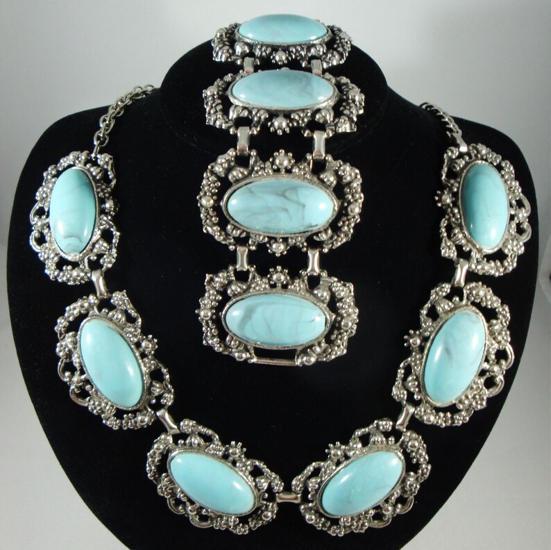 Chunky Blue Panel Bracelet and Necklace Set Selini Style Silver Panel Bracelet and Necklace Blue Lucite Panel Necklace and Bracelet Set