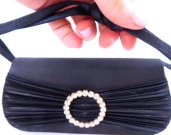 Vintage Black Evening Bag, Elegant Pleated Satin and Rhinestone Clutch Purse with Shoulder Handle, Description Below
