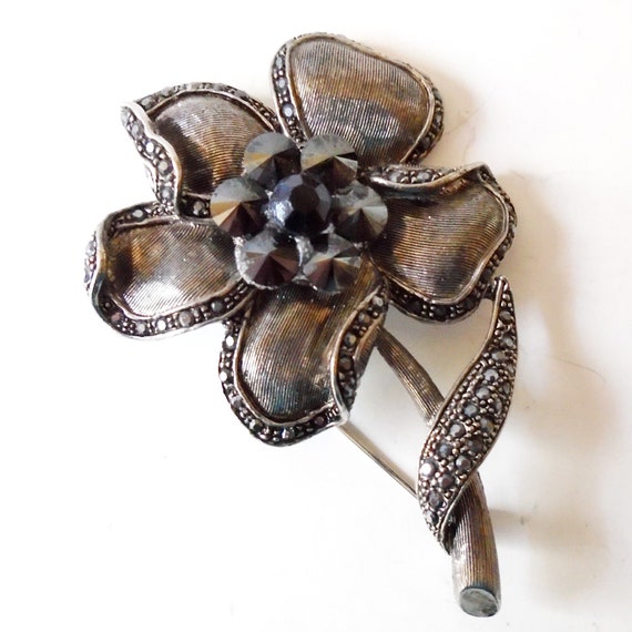 Black Flower Vintage Rhinestone Pin, Black Mournin