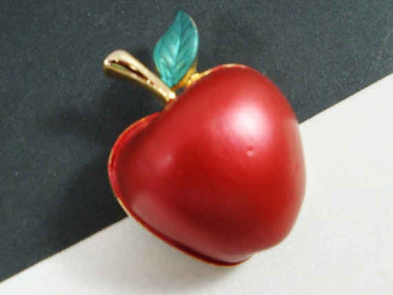 Vintage Apple Pin, Gold Tone Red Enamel Apple Broo