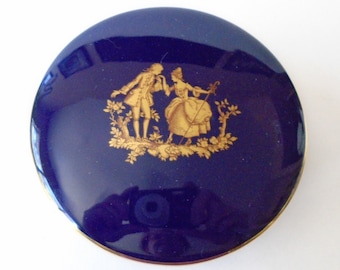 LIMOGES Giraud Blue and Gold 4 1/4" Round Box, Giraud Made in France Limoges Cobalt Blue Gilt Fragonard Round Limoges Trinket Box