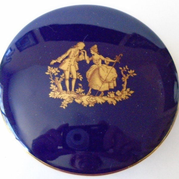 LIMOGES Giraud Blue and Gold 4 1/4" Round Box, Giraud Made in France Limoges Cobalt Blue Gilt Fragonard Round Limoges Trinket Box