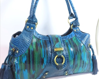 SHARIF Signature Bag, Elegant Blue & Green Textured Golden Embossed Leather Tassel Satchel Handbag Purse with Sharif Purse Bag, Read Below