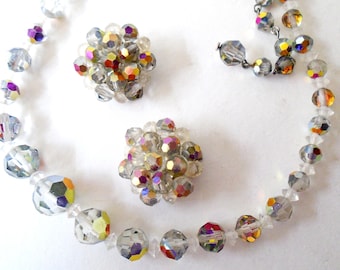 Vintage Clear and Gold AB Crystal Choker & Cluster Clip Earrings, Vintage 50's Aurora Borealis Necklace and Earrings