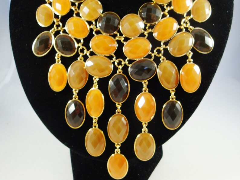 Vintage Orange Amber Brown Bib Necklace Glass Jewel Bib Necklace Jeweled Statement Bib Necklace Joan Rivers Glass Jewel Bib Necklace