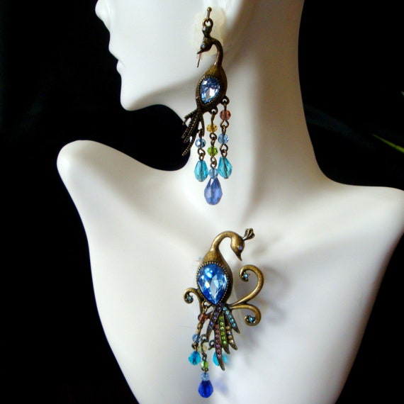 Rhinestone Peacock Brooch and Earrings, Vintage Bl