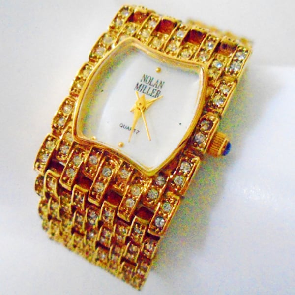 NOLAN MILLER Gorgeous Gold Rhinestone Bracelet Watch, Diamonique Bracelet Nolan Miller Watch, Nolan Miller Glamour Collection Watch