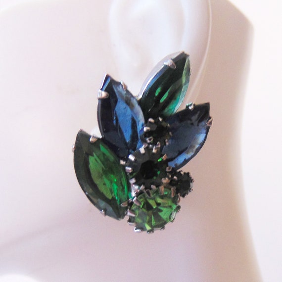 WEISS Green + Blue Rhinestone Clip Earrings, Open… - image 5