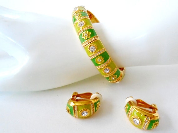 Joan Rivers Green Bracelet and Earrings, Green Ena