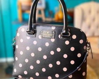KATE SPADE Signature Bag, Beautiful Rachelle Black Cream Polka Dot Leather Dome Satchel Shoulder Bag & Two-Handle Kate Spade Handbag Purse