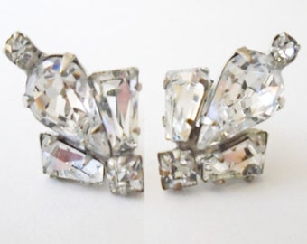 Art Deco Clear Rhinestone Screw Back Earrings, Clear Rhinestone Vintage Earrings, Quality Rhinestone Screw Back Earrings