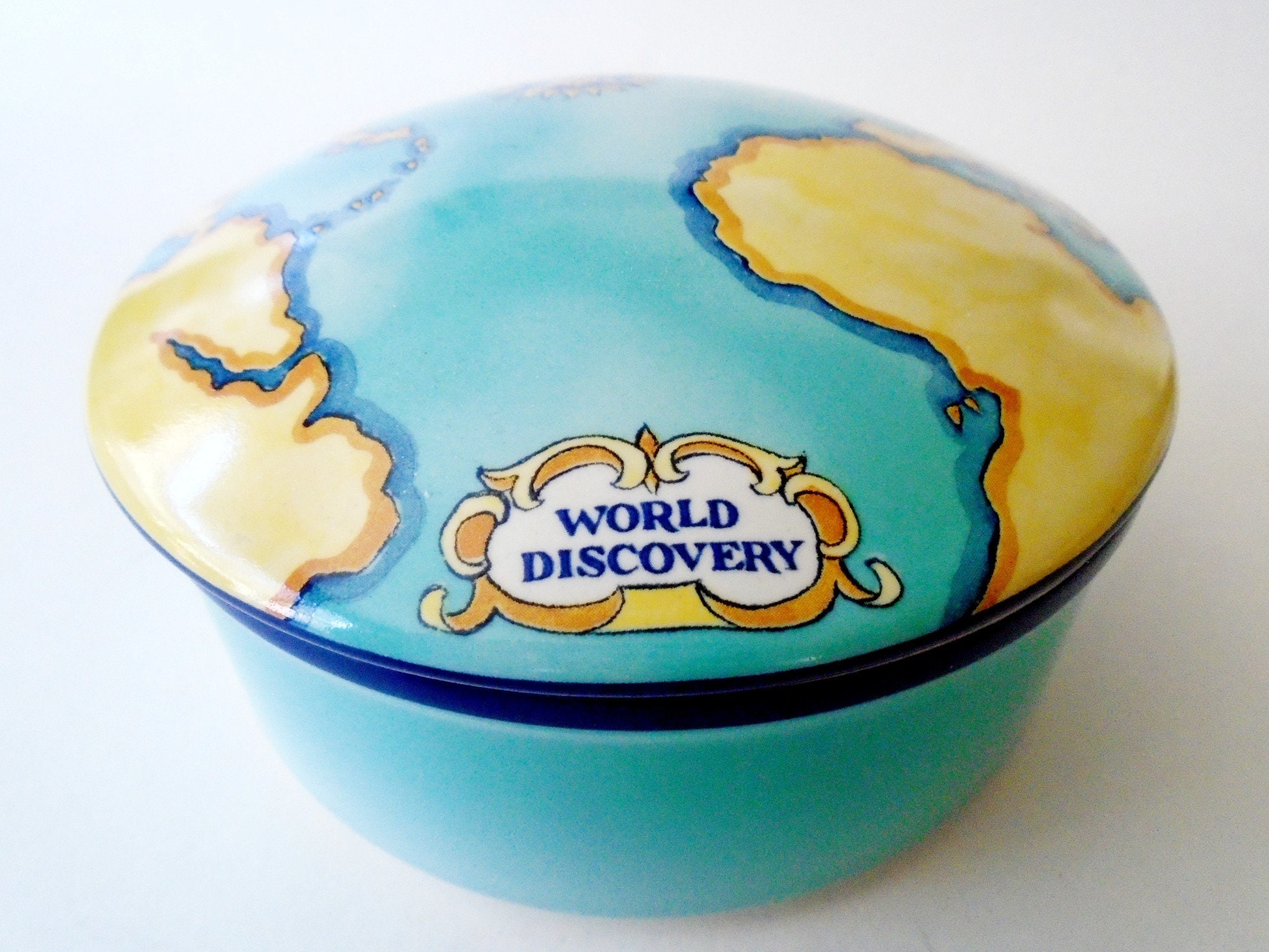 TIFFANY CO World Discovery Round Tauck Porcelain Box, World Discovery  Tauck Tour by Tiffany and Company Round Map French Trinket Box