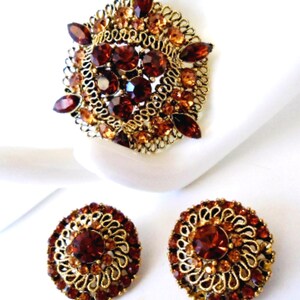 LISNER Topaz Rhinestone Brooch and Clip Earrings, Art Deco Rhinestone Brooch and Clip Earrings, Root Beer Rhinestone Pin and Earrings