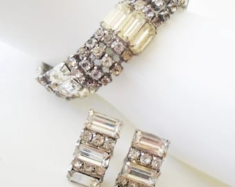 WEISS Art Deco Rhinestone Bracelet and Earrings, Weiss Rhinestone Bracelet Set, Vintage Rhinestone Wedding Bracelet and Screw Back Earrings