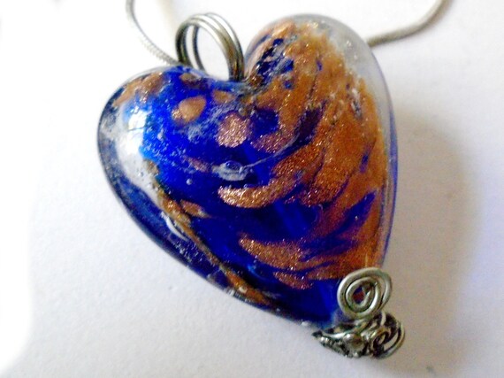 Vintage Blue Glass Heart Necklace, Silver Glass H… - image 3
