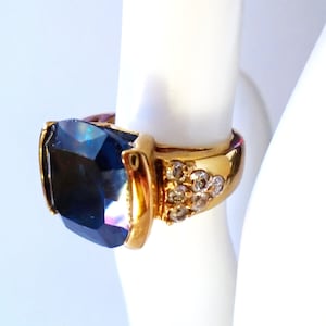Blue Sapphire CZ Gold Plate Ring, Cushion Cut Blue CZ Gold Ring Size 5 1/4, Vintage Sapphire CZ Gold PlateRing