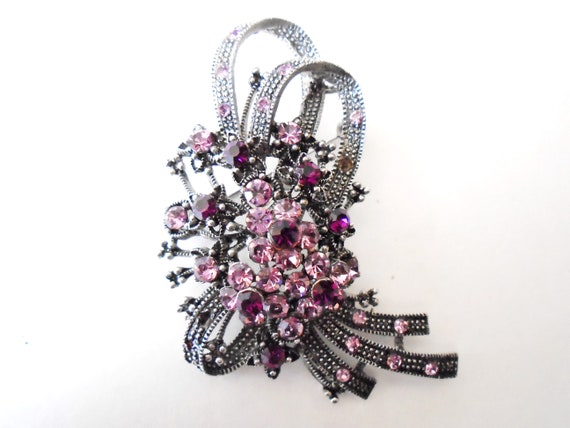 Purple and Pink Rhinestone Bouquet Silver Brooch,… - image 3