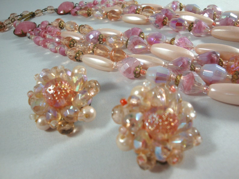 German Multi Strand Pink Necklace and Earrings Pink AB Crystal 4 Strand Necklace /& Cluster Clip Earrings Vintage Pink Crystal Jewelry Set