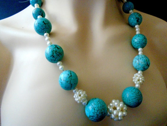 Vintage Turquoise Bead Pearl Necklace, Vintage Tu… - image 3